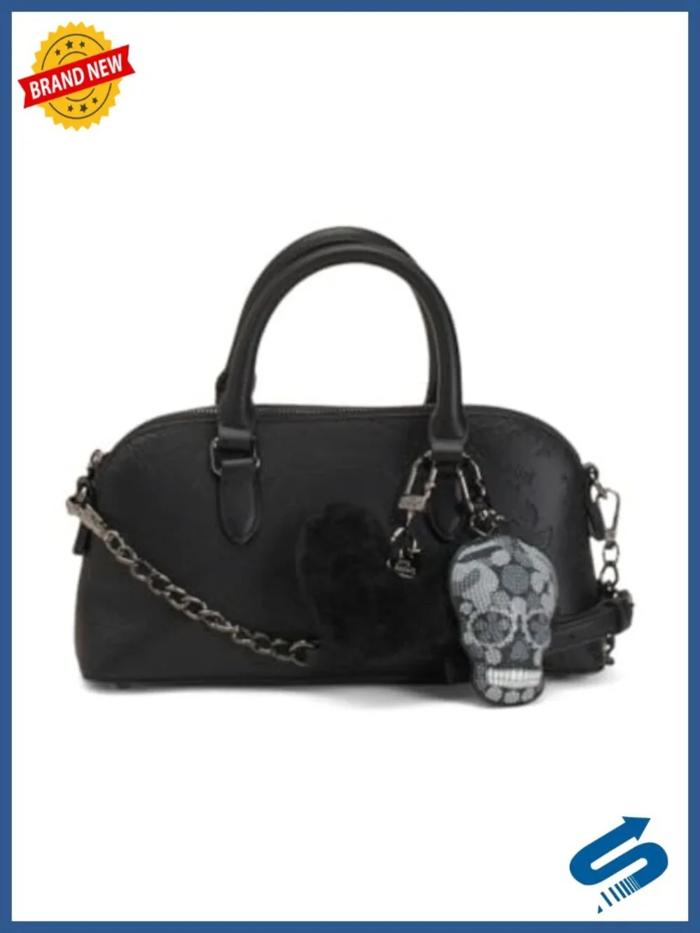 Faux Leather Satchel with Charms, Dual Handles, Adjustable Crossbody Strap